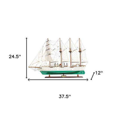 25" Green And White Solid Wood Hand Painted Boat
