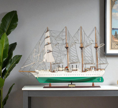 25" Green And White Solid Wood Hand Painted Boat
