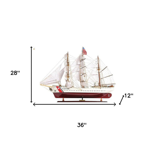 28" Maroon And White Solid Wood Hand Painted Boat