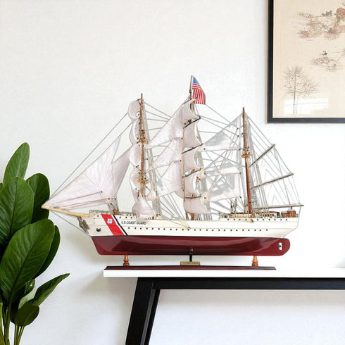 28" Maroon And White Solid Wood Hand Painted Boat