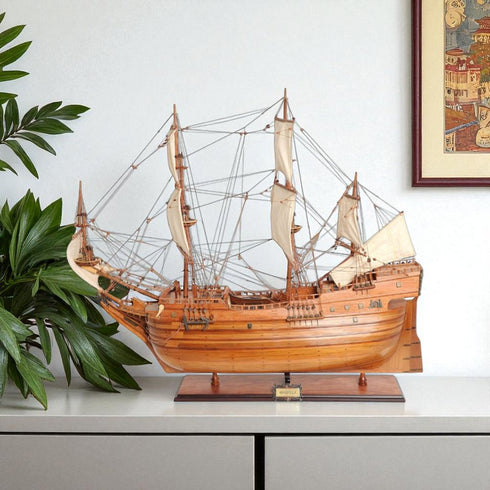 32" Brown Solid Wood Hand Painted Boat