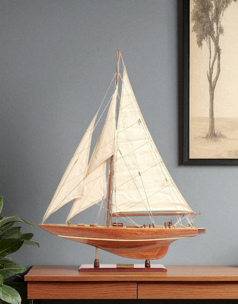 32" Brown Solid Wood Hand Painted Boat