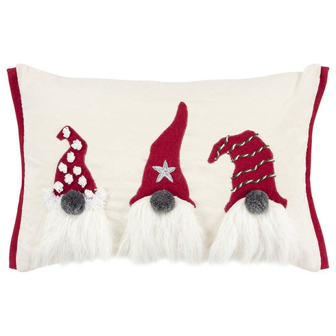 14" X 20" Red And Ivory Cotton Christmas Gnomes Throw Pillow With Embroidery