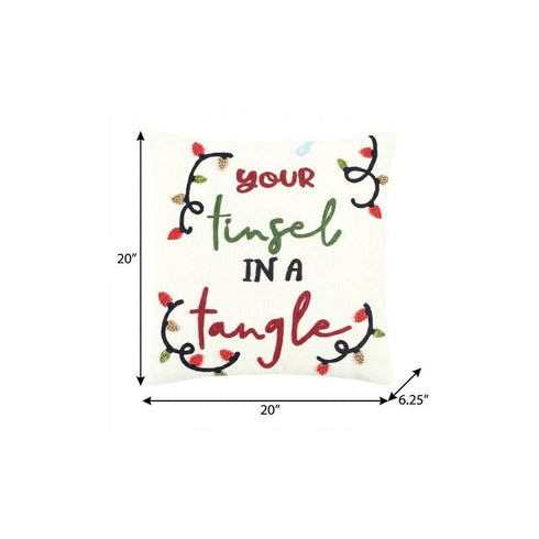 20" Ivory Christmas Cotton Throw Pillow with Embroidery