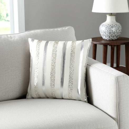 Silver and Gold Glam Stripe Beaded Throw Pillow