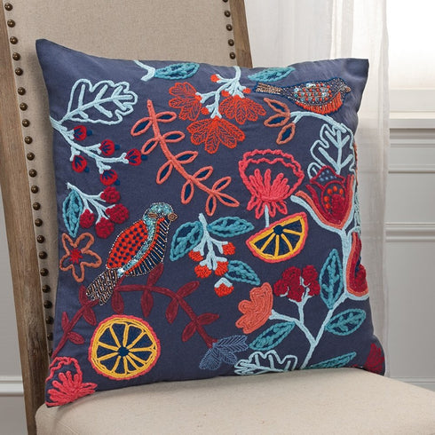 Dark Blue Jacobean Bloom Embroidered Throw Pillow
