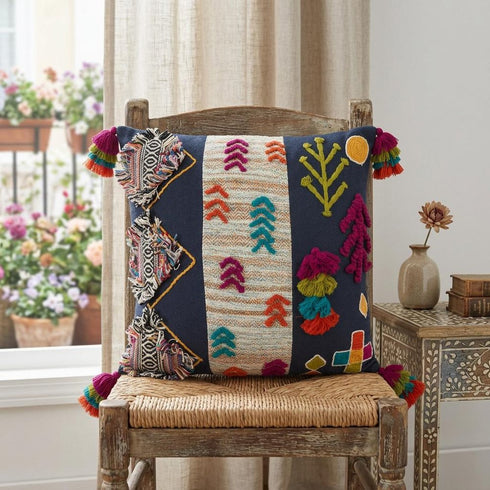 20" Black Blue Green And Purple Eclectic Cotton Throw Pillow with Applique Embroidery And Tassels