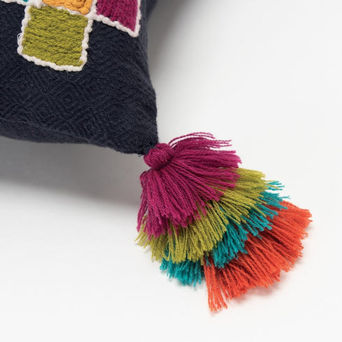 20" Black Blue Green And Purple Eclectic Cotton Throw Pillow with Applique Embroidery And Tassels