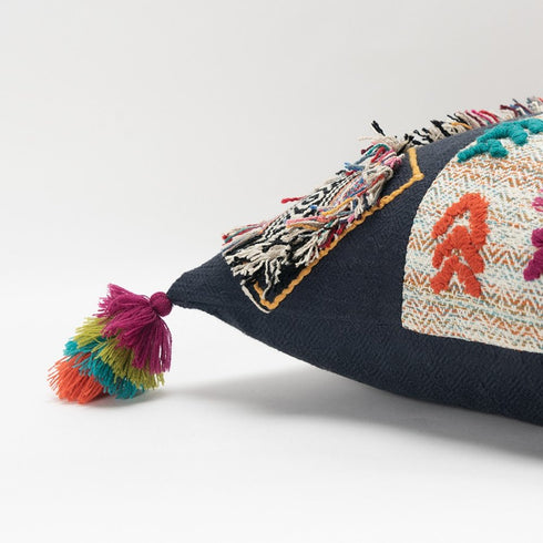 20" Black Blue Green And Purple Eclectic Cotton Throw Pillow with Applique Embroidery And Tassels