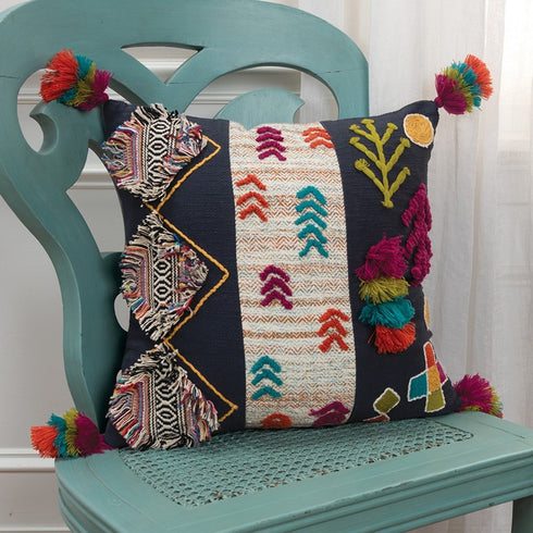20" Black Blue Green And Purple Eclectic Cotton Throw Pillow with Applique Embroidery And Tassels