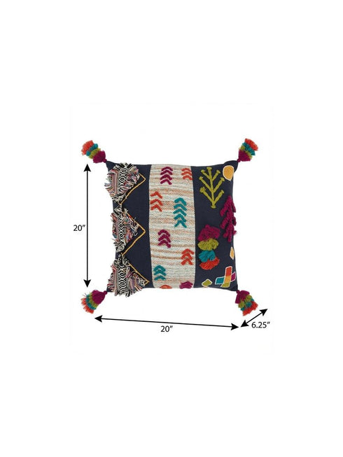 20" Black Blue Green And Purple Eclectic Cotton Throw Pillow with Applique Embroidery And Tassels