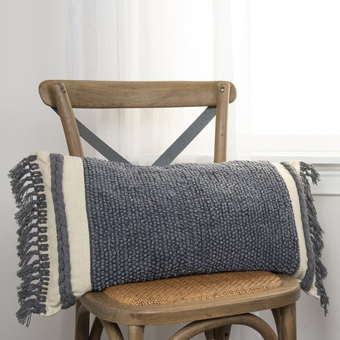 14" X 26" Gray And Off White Braided Cotton Throw Pillow
