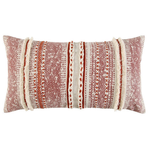 14" X 26" Natural And Russet Lumbar Striped Cotton Throw Pillow with Texture