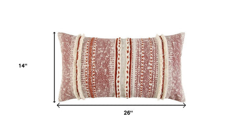 14" X 26" Natural And Russet Lumbar Striped Cotton Throw Pillow with Texture