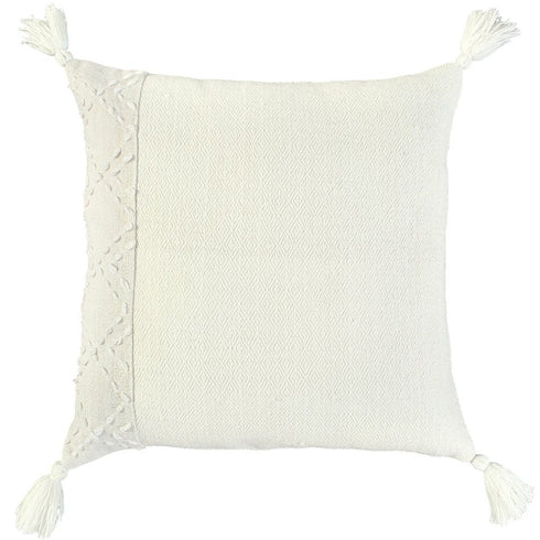 20" Ivory Herringbone Cotton Throw Pillow With Tassles