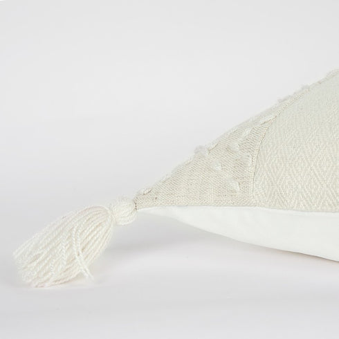 20" Ivory Herringbone Cotton Throw Pillow With Tassles