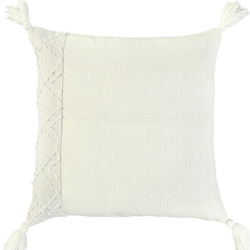 20" Ivory Herringbone Cotton Throw Pillow With Tassles