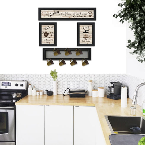 Set Of Four Kitchen Collection IV with Seven Peg Mug Rack 4 White Framed Print Kitchen Wall Art