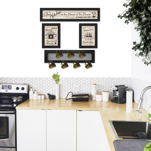 Set Of Four Kitchen Collection VI with Seven Peg Mug Rack 4 White Framed Print Kitchen Wall Art