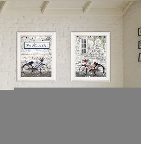 Set Of Two Romantic Bicycles 1 White Framed Print Wall Art