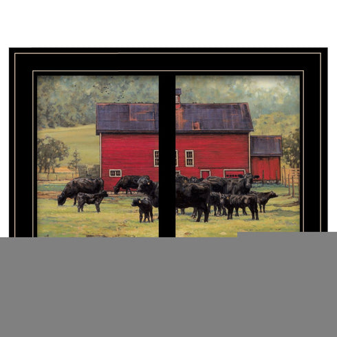 By the Red Barn Herd of Angus 2 Black Framed Print Wall Art
