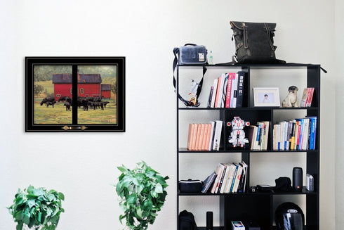 By the Red Barn Herd of Angus 2 Black Framed Print Wall Art
