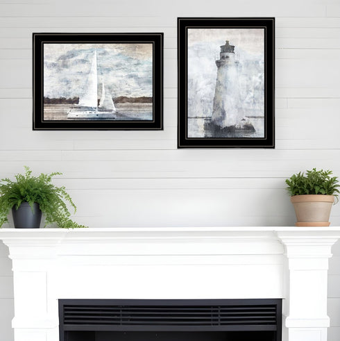 Set Of Two Lighthouse Sailboat 2 Black Framed Print Wall Art