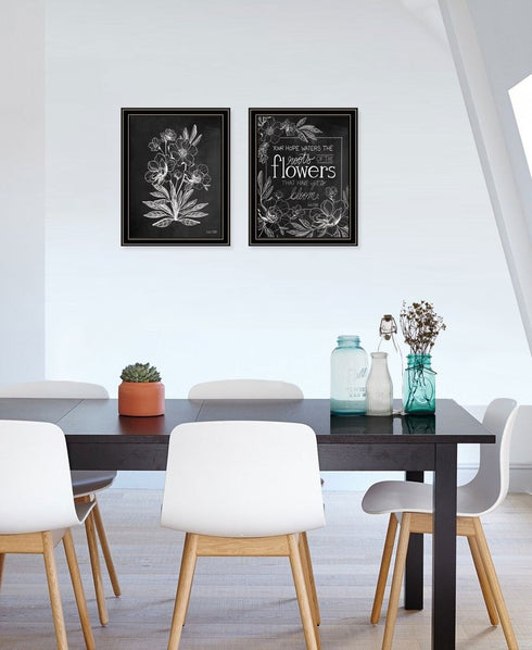 Set Of Two Vintage Chalkboard Blooms Black Framed Print Wall Art