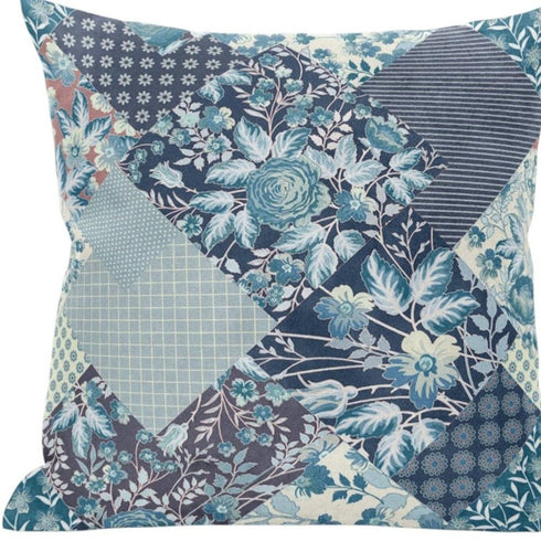 18" Blue White Floral Suede Throw Pillow
