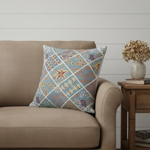18” Blue Yellow Patch Suede Throw Pillow