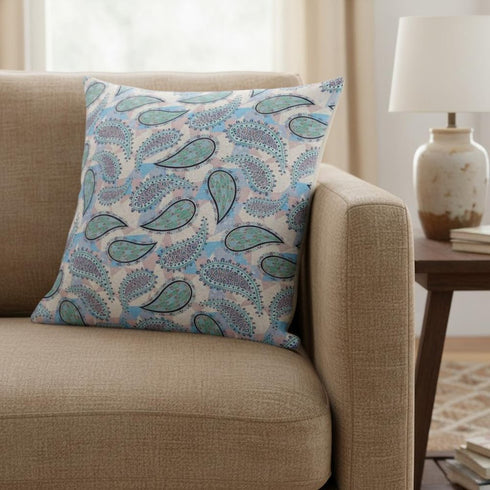 18” Blue Green Boho Paisley Suede Throw Pillow