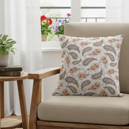 16” Red Beige Boho Paisley Suede Throw Pillow