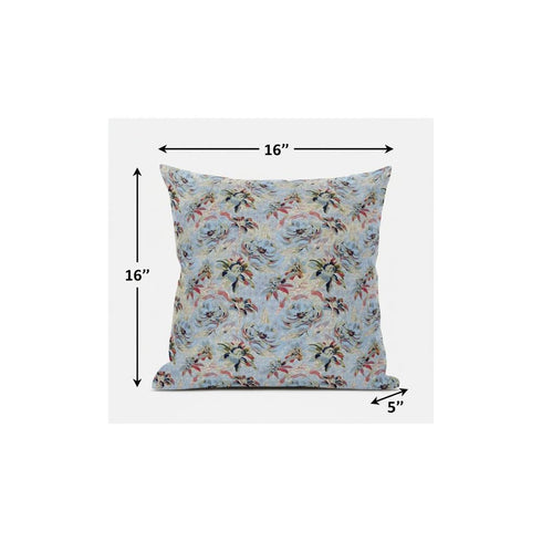 18" Light Blue Red Roses Suede Throw Pillow