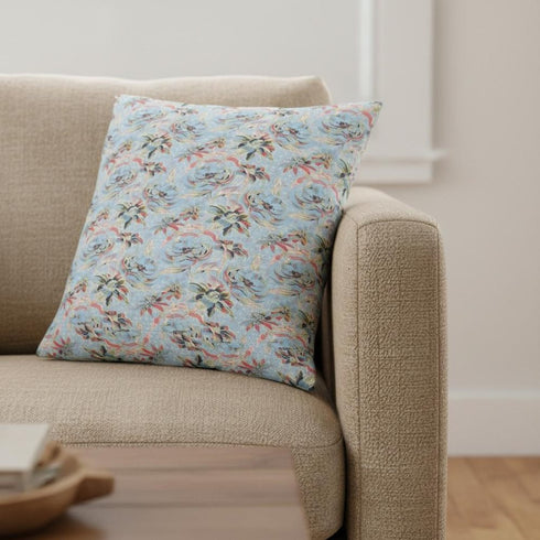 18" Light Blue Red Roses Suede Throw Pillow