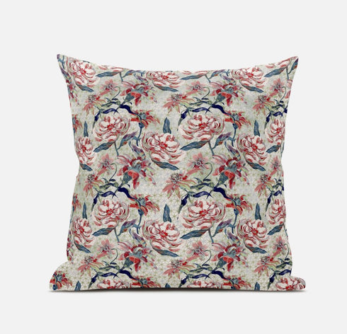 20" Red Pale Green Roses Suede Throw Pillow