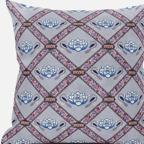 20" X 20" Gray Blue Pink Lotus Floral Blown Seam Suede Throw Pillow