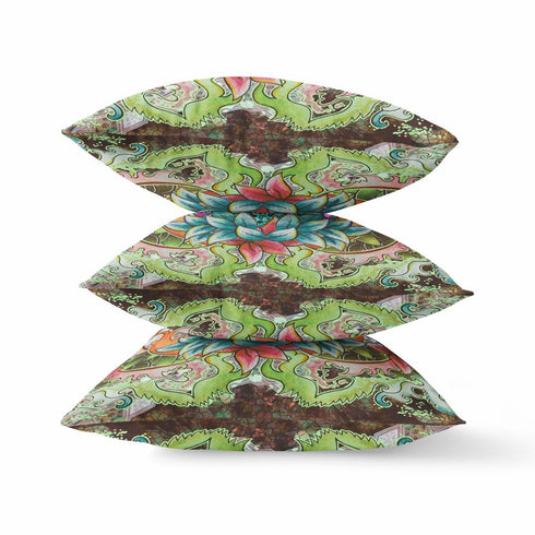 20” Green Orange Flower Bloom Suede Throw Pillow