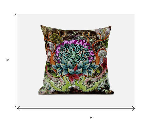 20” Green Orange Flower Bloom Suede Throw Pillow