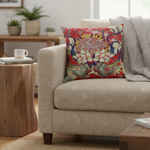 16” Red Green Flower Bloom Suede Throw Pillow