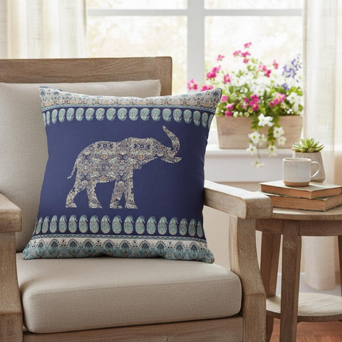 20” Navy Ornate Elephant Suede Throw Pillow