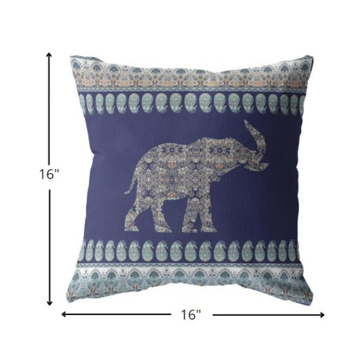 20” Navy Ornate Elephant Suede Throw Pillow