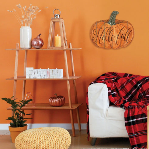 15" X 17" Orange And Brown Pumpkin Hello Fall Hanging Dimensional Sculpture
