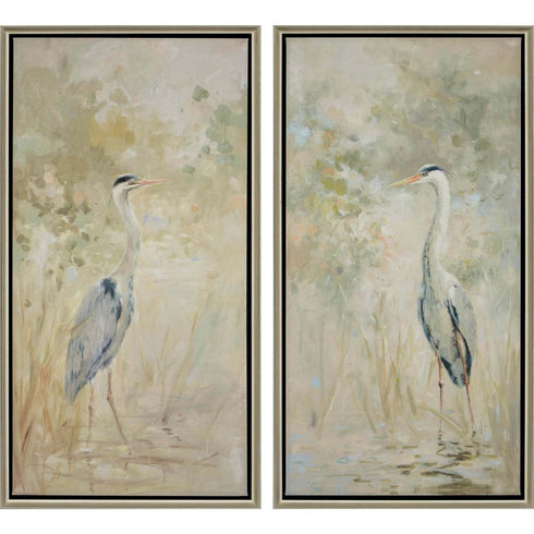 Set Of Two Wading Heron Canvas Silver Floater Frame Print Wall Art