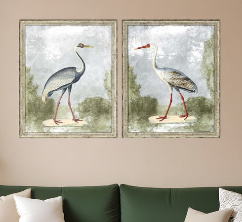 Set Of Two Cranes I Silver Framed Print Wall Art