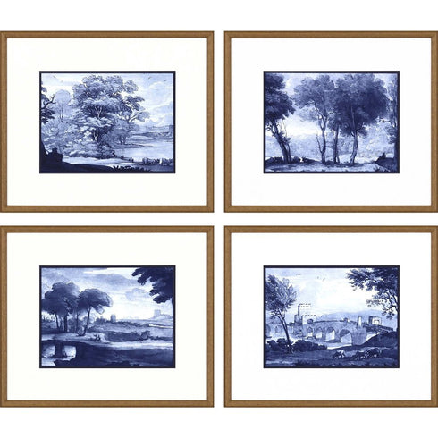 Set Of Four Pastoral Toile Gold Framed Print Wall Art