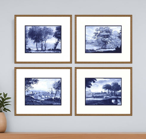 Set Of Four Pastoral Toile Gold Framed Print Wall Art