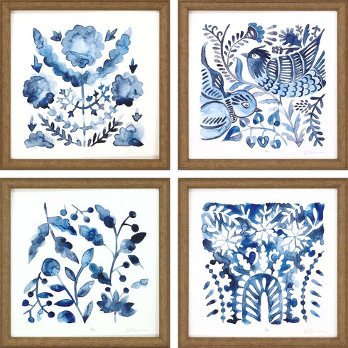 Set Of Four Indigo Ornament I Gold Framed Print Wall Art