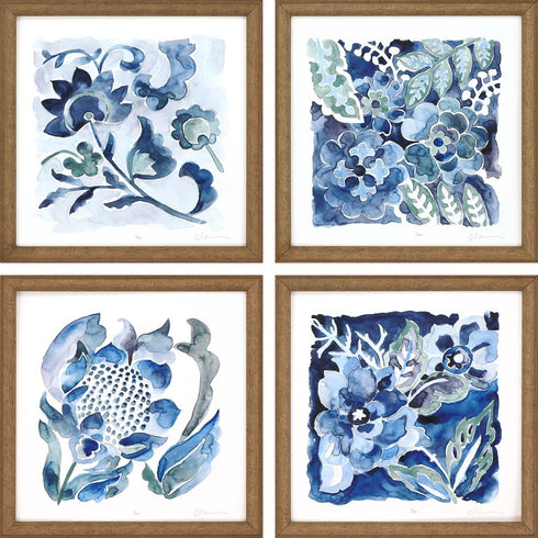 Set Of Four Indigo Ornament II Gold Framed Print Wall Art