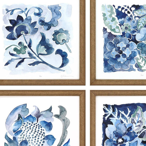 Set Of Four Indigo Ornament II Gold Framed Print Wall Art