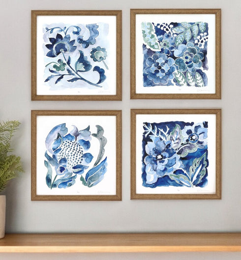 Set Of Four Indigo Ornament II Gold Framed Print Wall Art